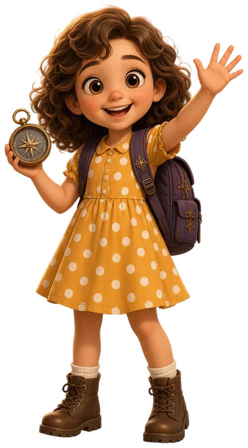 Evee, a little explorer with curly brown hair, a yellow polka-dot dress, a purple backpack and brown boots, waving and holding a brass compass